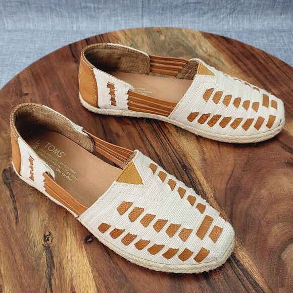 TOMS Alpargata Huarache Sandal Natural & Caramel Leather Woven Design Size 6 - Picture 1 of 10